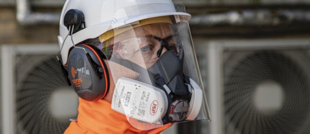 Hard-hat mounted cough guard will help protect site workers Hard-hat mounted cough guard will help protect site workers